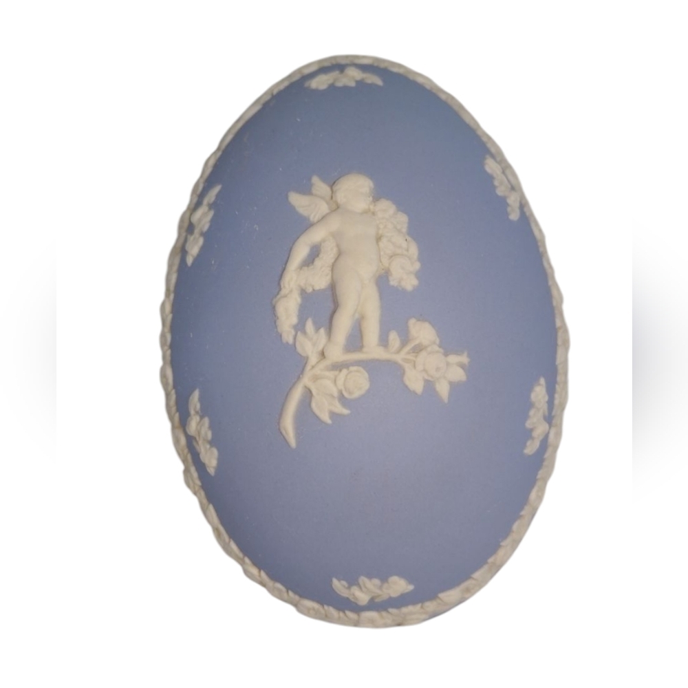 Wedgwood Jasperware Egg Shaped Trinket Box Blue Cherub